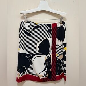 Worth Black and White Printed Silk Skirt with Red Stripe